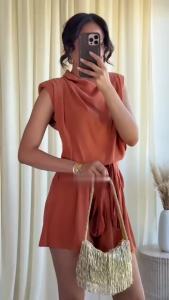 Guobioziy Womens Jumpsuit 2026 Fall New Style Orange Sleeveless with Shoulder Pads and Belt Decorative Romper Beach Vacation