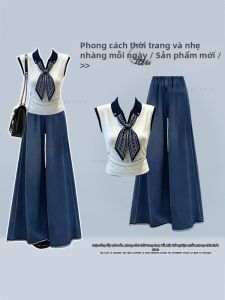 NUMEN BUTTON | Bộ Quần Jean Chân Rộng Phối Áo Không T Tay Ôm Cổ Size Lớn Form Rộng