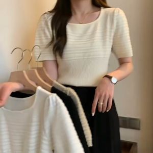 SelfLoveBuying F1101 Korean Style Elegant Demure Plain Knitted Blouse Casual Round Neck Knit Top for Women Blouses Women New Style