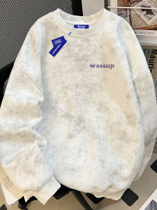 Wassup American Retro Tie Dye Simple Casual Letter Print round Neck Sweatshirt Mens Autumn Winter New Loose Top Cotton Polyester Blend