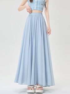 Blue Chiffon Pleated Half Skirt Womens Summer Thin Elastic High Waist Slimming Drapey A-Line Large Swing Umbrella Long Skirt