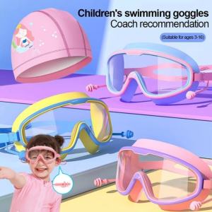 Swimming Goggles for Kids with Earplugs Large Frame Silicone Waterproof Anti-fog HD Goggles Set