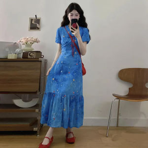 CAOZIMUYI | French Style Blue Floral V-Neck Dress