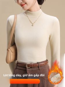 MiiOW | Áo len dệt kim dày lót lông cừu cho nữ mùa thu đông cổ cao tay dài dáng ôm vừa vặn mặc trong
