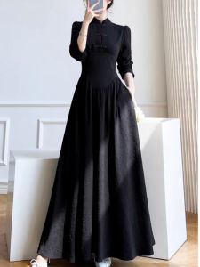 New Chinese Style Chinese Style Cheongsam Dress Fall and Winter Plus Size Plus Size Ladies Fancy Slimming Belly-Covering Black over-the-Knee Long Dress
