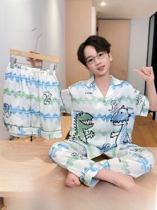 MiiOW | ชุดนอนเด็กผ้าไหมน้ำแข็งบางฤดูร้อน ชุดสามชิ้น แขนสั้น เสื้อคาร์ดิแกนเปิด กางเกงขาสั้น กางเกงขายาว เสื้อผ้าเด็กชาย ชุดนอน