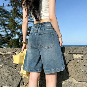 La Chapelle | Retro Elastic Waist A-Line Five-Quarter Denim Shorts