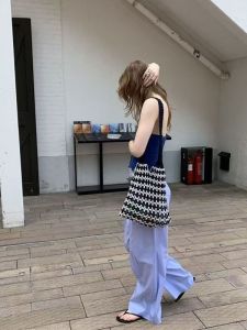 Korean Style Artistic Woven Net Shoulder Bag Tote Beach Vacation Casual Soft Cotton Fabric Foldable Water Washable Womens Bag