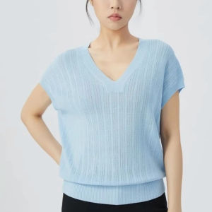 Koja New Summer High-End Loose Bead Ice Silk Short Sleeve Knitted Sweater Womens V-neck Straight Tube OL Style Thickened Pure Color