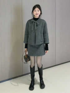 Gray High-End Butterfly Knot Short Double-Faced Woolen Coat And High Waist Mini Skirt Two-Piece Set for Women Fashionable Elegant