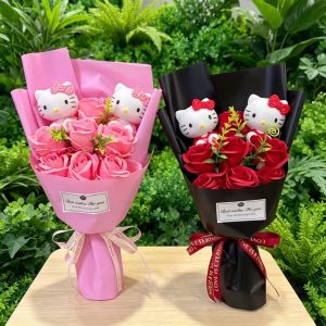 Sanrio | Hello Kitty With Artificial Roses Flowers Creative Handmade Bouquet New Year Birthday Valentine Christmas Graduation Gift