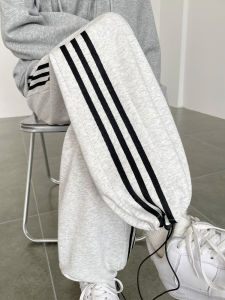 High Waist Striped Sports Pants Womens Autumn Winter New Style American Grey White Fleece Wide Leg Casual Comfortable Trousers