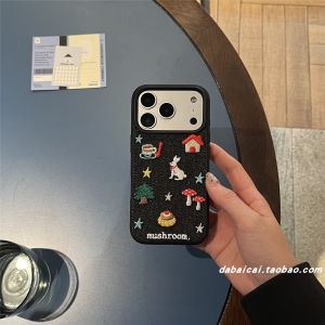 Full Cover Embroidered Dog And Rabbit House Phone Case for  17 pro Max 16 pro 15 Girl 13 Cute And Cool Korean Style Soft Silicone Protective Cover