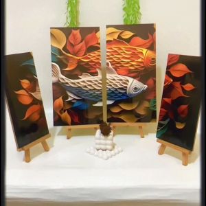 AFTEREAT HIASAN DINDING 4 IN 1 SET 3D LUKISAN IKAN KOI AESTHETIC WALLDECOR NUANSA ABSTRAK PAINTING LUKISAN ALAM HIASAN DAN PAJANGAN RUMAH KAYU KEKINIAN