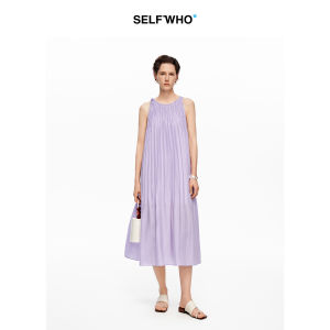 Acetate Blend French Pleated Sleeveless Halter A-Line Dress