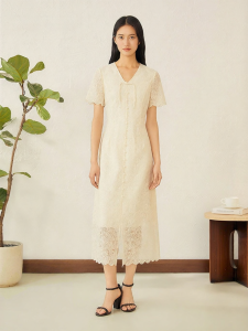YINER | New Chinese Style V-neck High Waist With Frogs Lace Embroidery Textured Dress