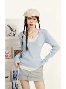 เสื้อสเวตเตอร์คอวีแขนยาวสีน้ำเงินสำหรับผู้หญิง ทรงสลิมฟิต ชั้นใน ชุดชั้นใน ฤดูใบไม้ร่วง/ฤดูหนาว เสื้อสเวตเตอร์คอวี