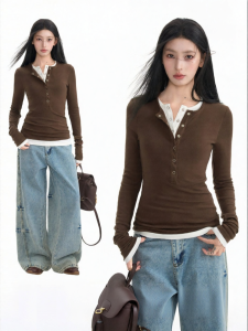 BAIDAIFEI | Henry Neck Illusion Two-Piece Long Sleeve Slim Fit T-Shirt