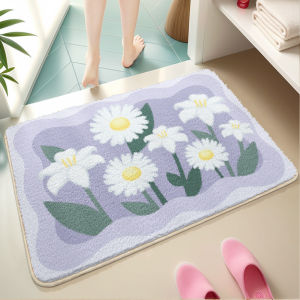 VIKAMA Daisy Flower Bath Mat Imitation Cashmere Soft Absorbent Non Slip Yellow White Floral Pattern Bathroom Rug Botanical