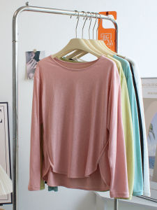 เสื้อยืดแขนยาวผ้าฝ้ายลายไม้ไผ่บางลำลองสำหรับผู้หญิงในฤดูใบไม้ผลิและฤดูใบไม้ร่วง เสื้อเต้นรำหลวมๆ สีพื้น