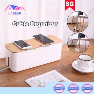 {SG} Cable Storage Box Wire Storage Box for Extension Cord Power Stripe Surge Protector Concealer Made of Premium Plastic with Bamboo Lid