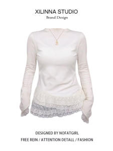 Sweet Youthful Lace Trim Half High Collar Long Sleeve T Shirt Women Autumn Winter Drawstring Waist Slimming Inner Wear Top