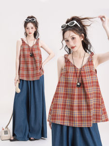 Retro Japanese Plaid Sleeveless Strap Vest Womens Summer New Loose Casual Versatile Slimming Top Trendy Casual Wear
