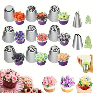 11pcs Stainless Steel Russian Piping Nozzle Set Flower Mouth Integrated Rose Bouquet Cream Cake Leaf Embossing Tool Baking Tools
