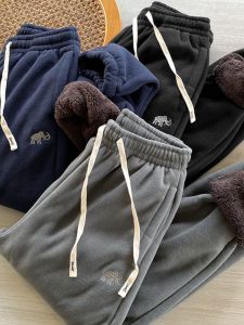 กางเกงลำลองชายหนาปักลายฤดูหนาว กางเกงขายาวทรงตรงสีพื้น กางเกงขายาวขนแกะ ทรงหลวม สวมใส่สบาย ปกตั้ง