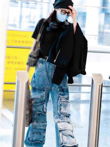 Retro American Star High Waist Wide Leg Jeans Womens Loose Slim Straight Workwear Denim Trousers Multi-Pocket Trendy Street Style