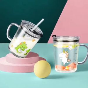 500ML Glass Milk Cup with Straw Kid Drinking Water Cup for Kid Travel Mug Cartoon Animal Milk Sippy Cup for Water