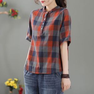 Áo Sơ Mi Kẻ Caro Cotton Lanh Dáng Rộng Cổ Tròn Tay Bảy Mùa Hè 2024 Cho Mẹ Cỡ Lớn Thoải Mái Thường Ngày