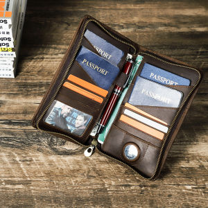 Hiram Brand Genuine Leather Men Clutch Wallets With Pen and AirTag Slot Phone Pocket Card Holders Strap Men Travel Passport Cover