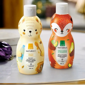 Avon Naturals Milk & Honey Richly Nourishing Hand Lotion with bear design and Avon Naturals Green Papaya Brightening Hand & Body Lotion with fox design.