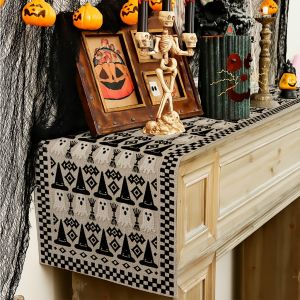 Halloween Ghost Witch Hat Geometric Table Runner 1pc Perfect for Family Dinners & Holiday Celebrations Table Runner