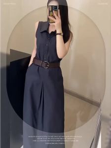 QFN | Vintage Sleeveless Dark Blue Summer Workwear V-Neck Slimming Waist Cinching Dress