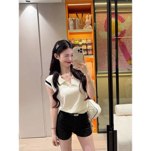 Color-blocked Turn-down Collar Sleeveless New Knitted Top Slim-fit