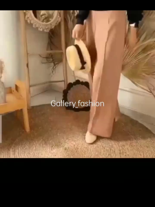 Celana Kulot Scuba Zipper Resleting Leher V Pinggang Tinggi Gaya Korea Warna Solid Plus Size