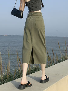 QIAOMIDUO | Spring Summer High Waist A-Line Mini Dress Womens Y2K Small Size Military Green Split Colorful Half Skirt Denim Long Skirt