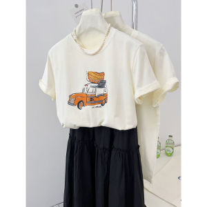 Summer New Womens Modal Short Sleeve T-shirt Cartoon Print Shoulder Length Fashionable Slimming Top Korean Style round Neck
