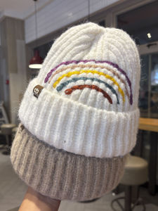 Rainbow Embroidered Knitted Hat Womens Autumn Winter Fashionable Warm Ear Protection Full Coverage Yarn Hat Versatile Face Slimming