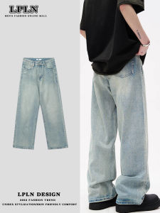 LPLN Mens Retro Washed Straight Leg Jeans Cleanfit American Style Loose Fit Light Blue Long Pants Autumn Casual High Waist Zipper