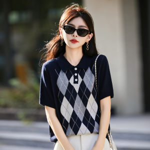 YUEXINYIRONG | French Style Diamond Pattern POLO Collar Knitted Short Sleeve T-shirt