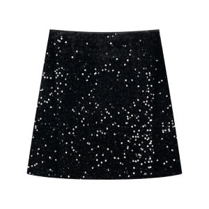 plus Size Womens Black Velvet A-Line Mini Skirt Shiny Sequins New Years Outfit High Waist Bodycon Short Skirt Korean Style
