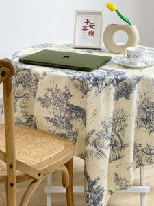 Rustic French Style Blue Ink Painting Tablecloth Garden ness Tea Table Cover Cloth Anti Slip Rectangle Polyester Material