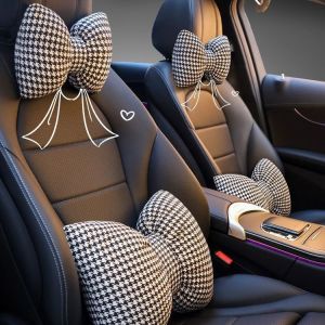 Summer Houndstooth Breathable Automotive Headrest Cushion Waist Seat Neck Pillow Bows Driving Long Sitting Car Mat Waist