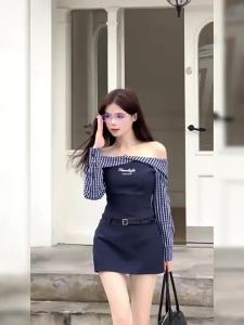 CHOUXIE | Fashion Autumn French Off Shoulder Striped Long Sleeve Shirt Fitted Mini Dress Women Set