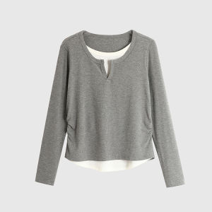 IMCC Design Sensual Loose Long Sleeve Womens Base Shirt Layering T-Shirt Upper Body Ins Style Creative Splicing Commute Spring