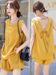 Shalldoer | Bộ đồ lanh cotton cổ tròn hở vai không tay rộng rãi mùa hè cho nữ Bộ đồ hai mảnh thời trang thường ngày cổ điển