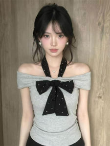 One Shoulder Halter Dot Tie Sleeve Slim Fit T-Shirt
